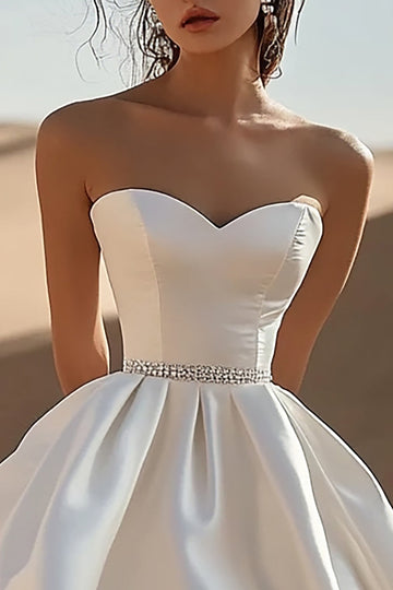 White Sweetheart A Line Satin Short Graduation Dress with Beading